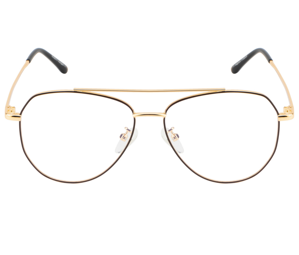 Aviator Glasses: Gold & Black Frame with Blue Cut Lenses
