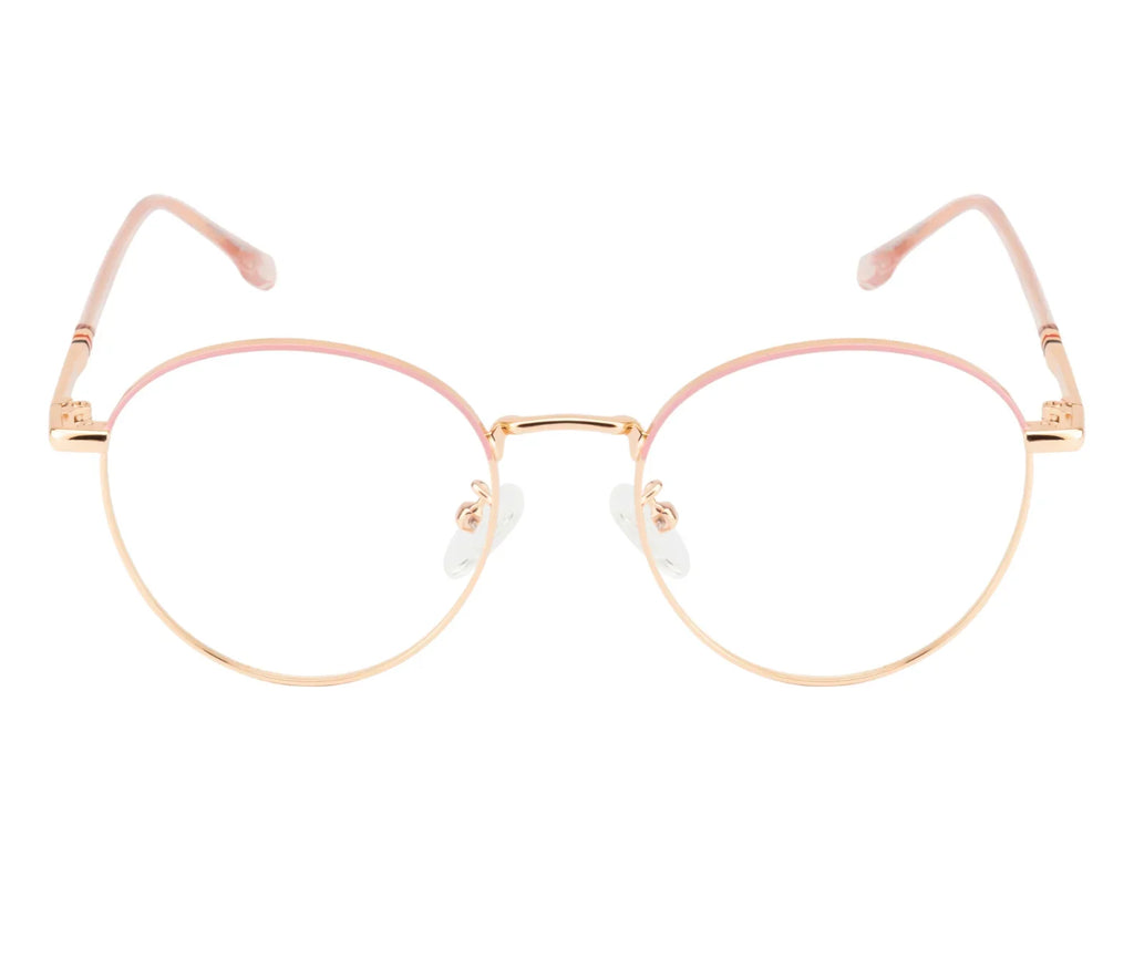 Women's Round Metal Eyewear: Gold & Pink Frame with Blue Cut Lenses