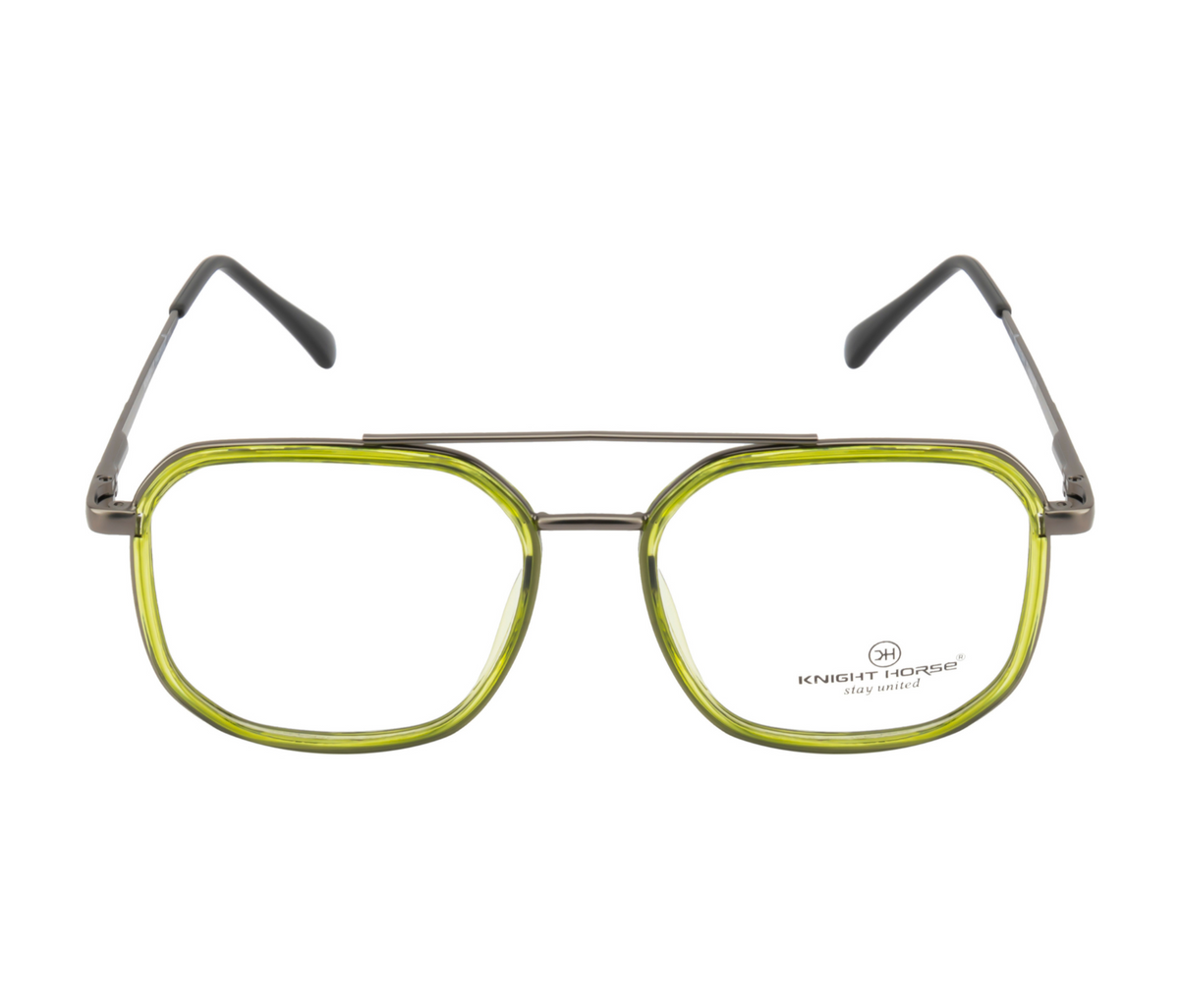 Geometric Eyewear Frame - Gun Metal with Green Rim |Double Barrel Hinges| Spring Temples