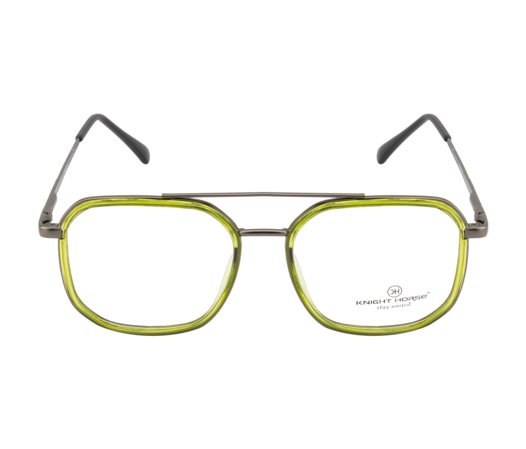 Geometric Eyewear Frame - Gun Metal with Green Rim |Double Barrel Hinges| Spring Temples
