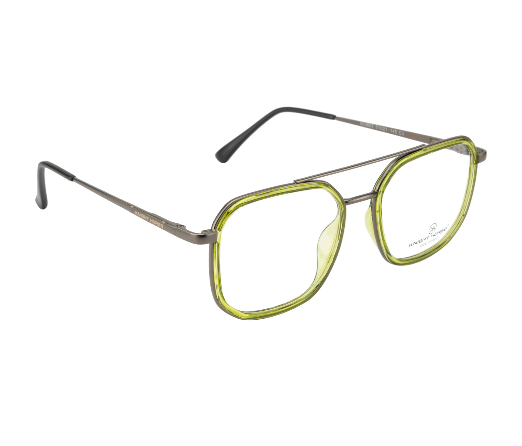 Geometric Eyewear Frame - Gun Metal with Green Rim |Double Barrel Hinges| Spring Temples