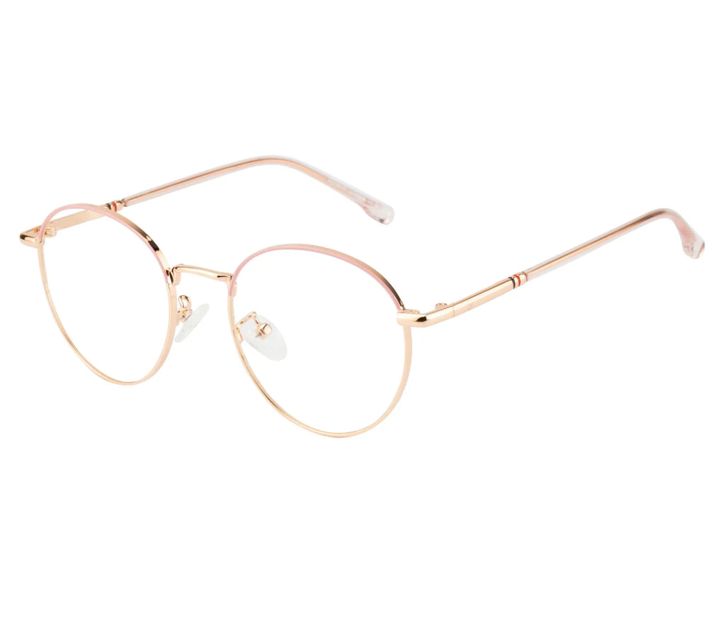 Women's Round Metal Eyewear: Gold & Pink Frame with Blue Cut Lenses