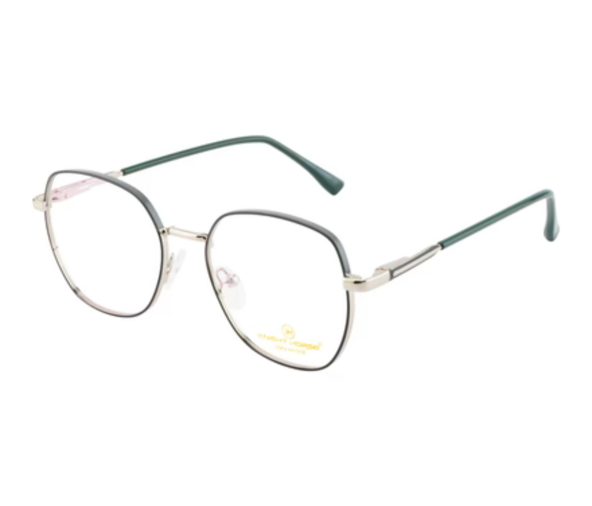 Metal Eyewear Frames: Silver & Green Elegance with Spring Hinges