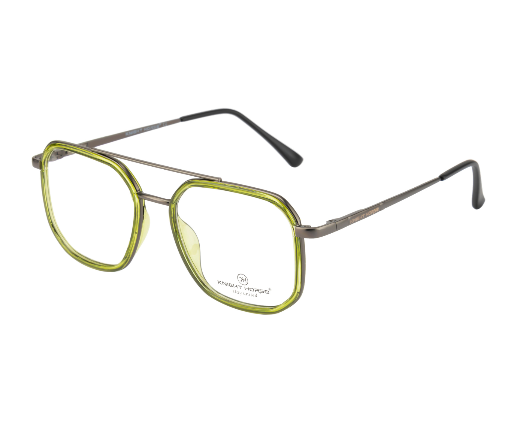 Geometric Eyewear Frame - Gun Metal with Green Rim |Double Barrel Hinges| Spring Temples