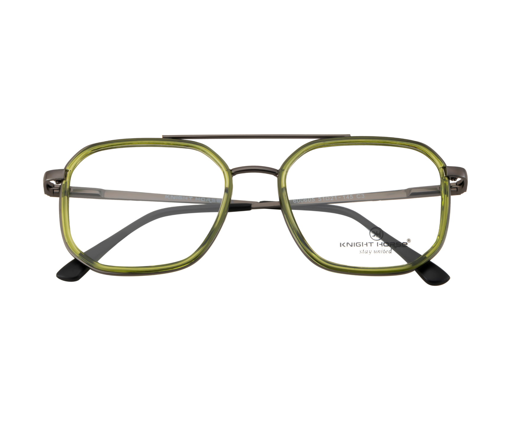 Geometric Eyewear Frame - Gun Metal with Green Rim |Double Barrel Hinges| Spring Temples