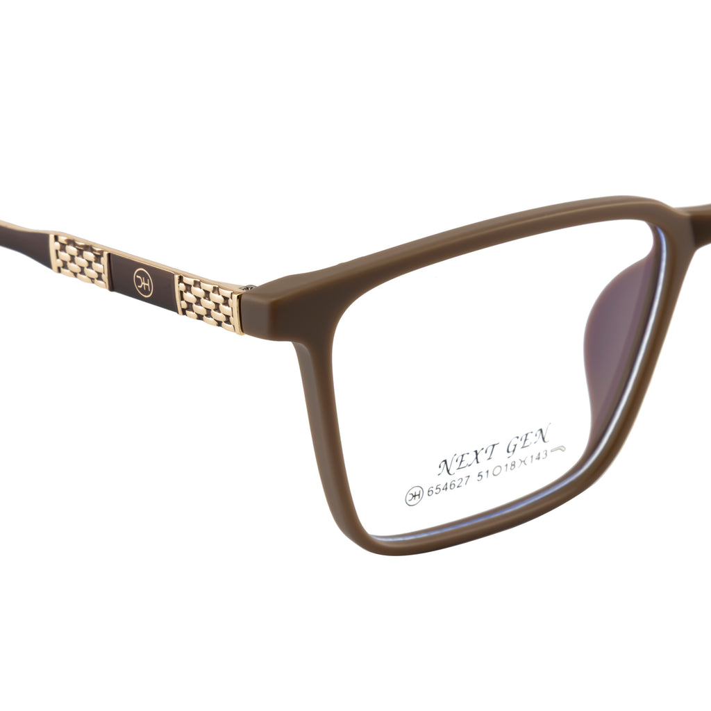 Rectangular Matte Brown Eyeglass Frame with Gold Accent Temples
