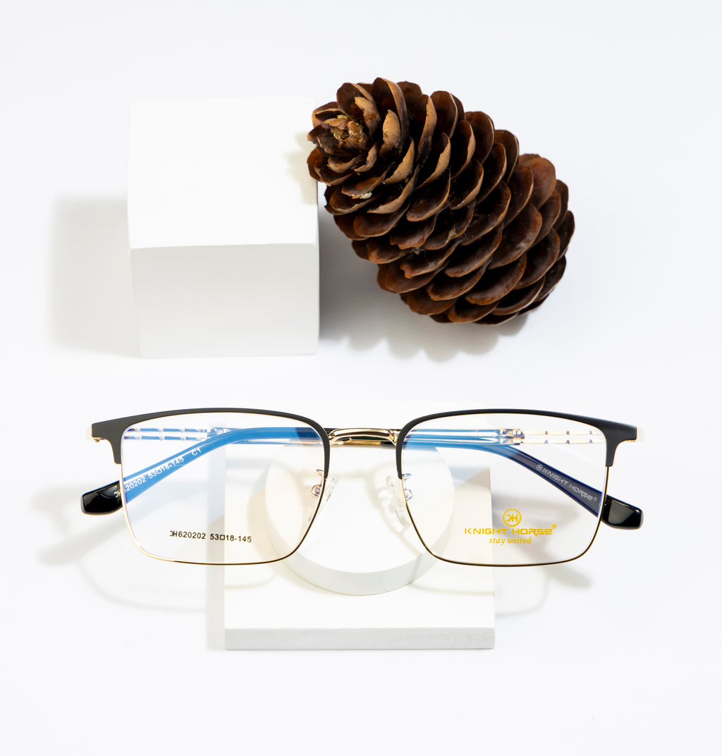 Rectangular Gold And Black Metal Eyewear Frame For Men