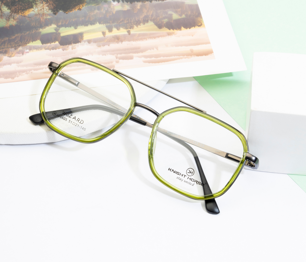 Geometric Eyewear Frame - Gun Metal with Green Rim |Double Barrel Hinges| Spring Temples
