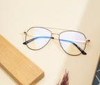 Aviator Glasses: Gold & Black Frame with Blue Cut Lenses