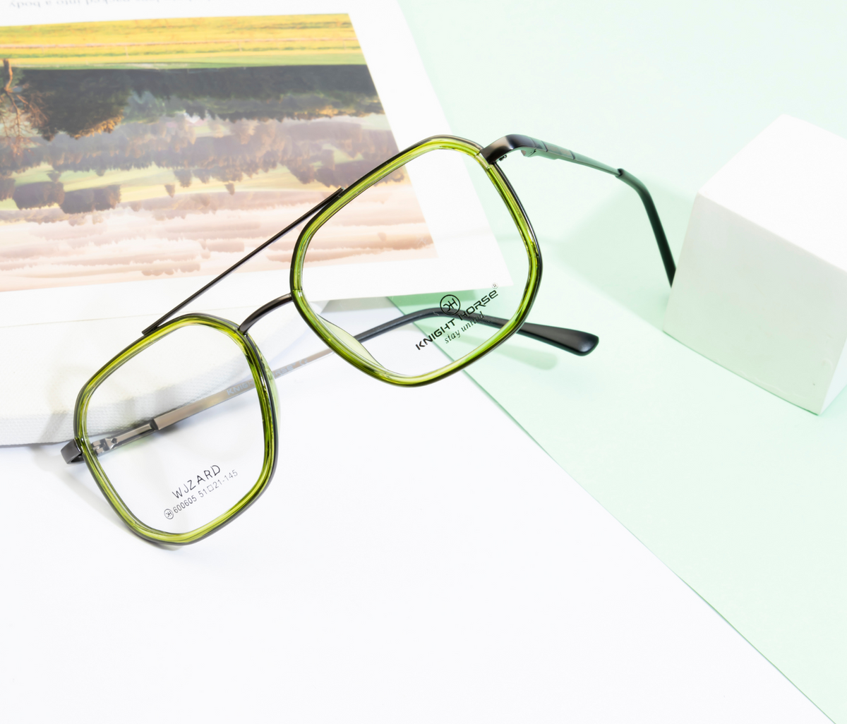 Geometric Eyewear Frame - Gun Metal with Green Rim |Double Barrel Hinges| Spring Temples