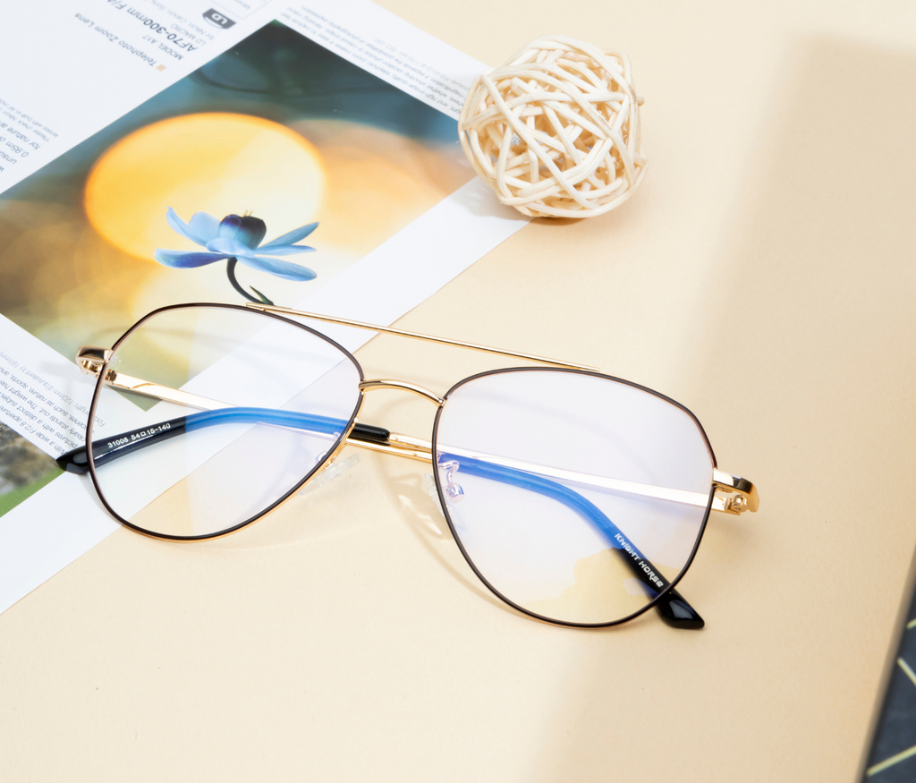 Aviator Glasses: Gold & Black Frame with Blue Cut Lenses