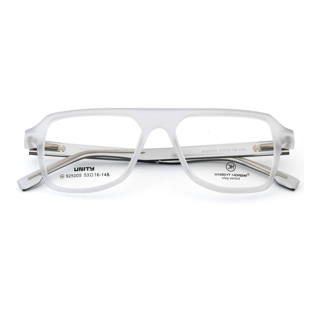 Frosted Crystal White Oversized Rectangular Eyeglass Frame – Lightweight TR with Metal Temples