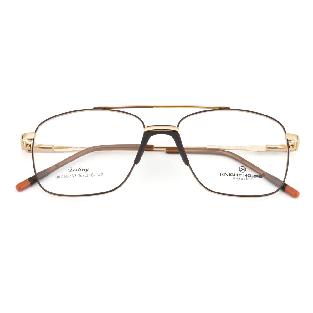 Knight Horse Gold & Brown Metal Eyeglass Frame with Double Bridge