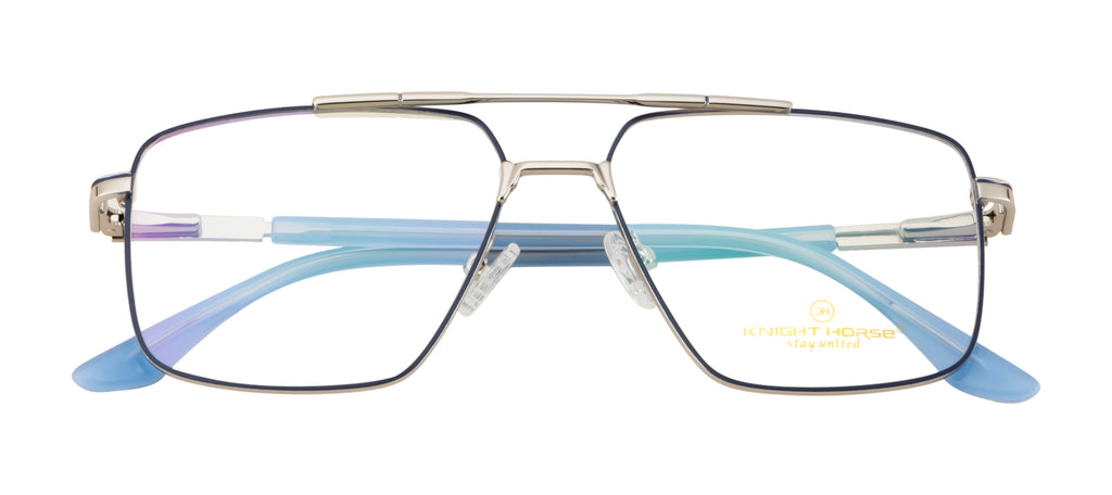 Metal Eyewear- Square Aviator| Silver & Blue| Spring Hinges