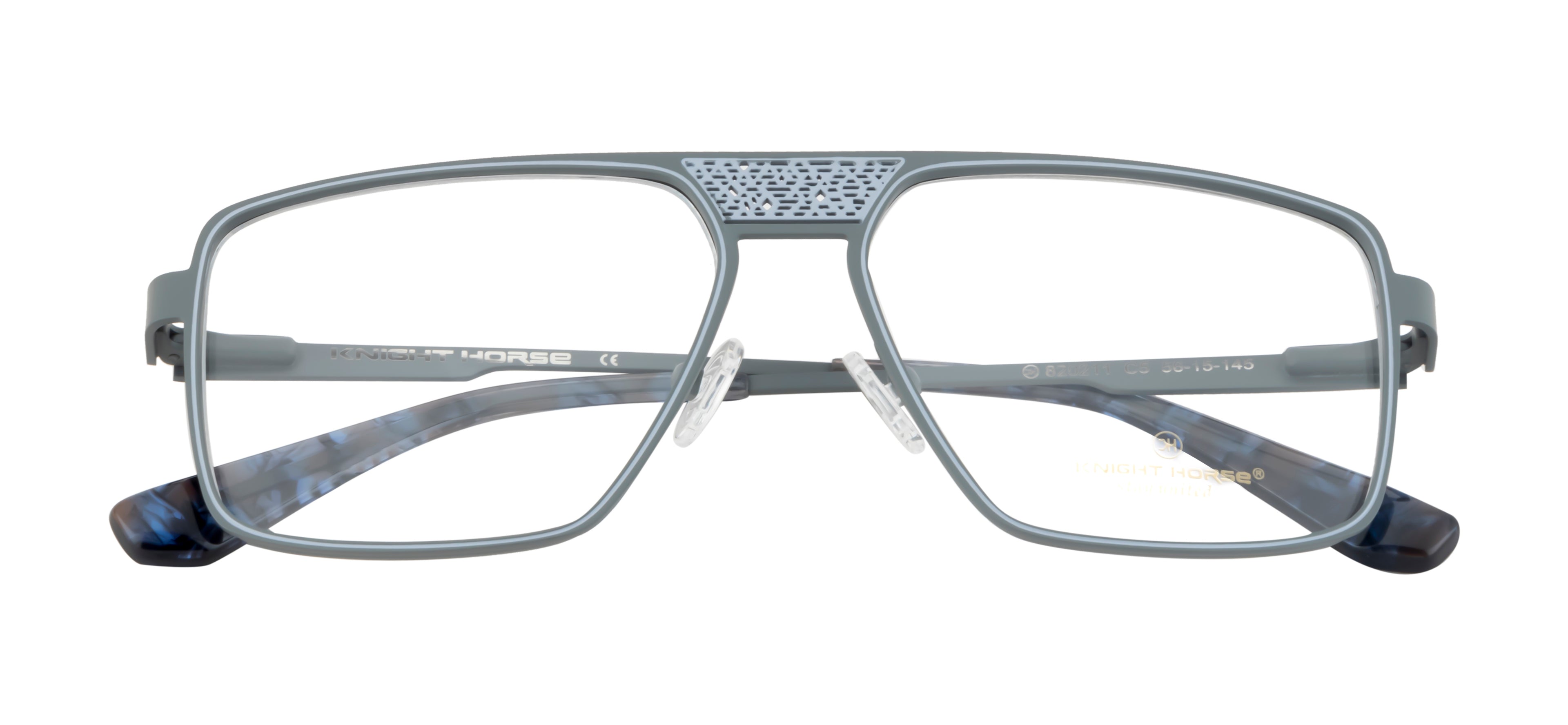 Deluxe Grey Metal Eyewear Frame: Square Shape with Fancy Bar Design & Spring Hinges