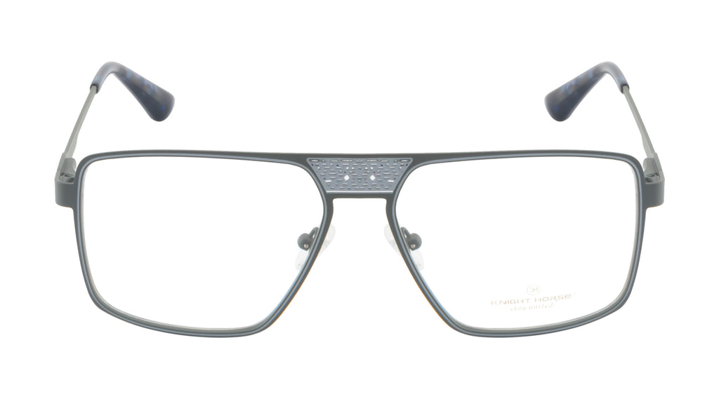 Deluxe Grey Metal Eyewear Frame: Square Shape with Fancy Bar Design & Spring Hinges