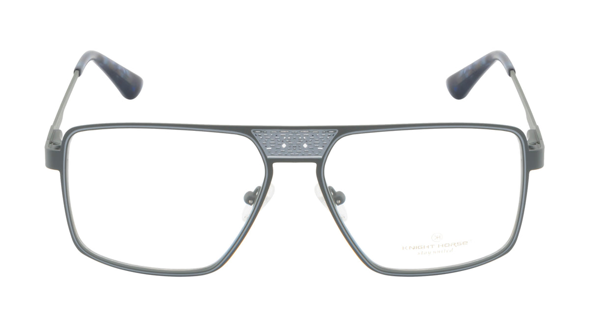 Deluxe Grey Metal Eyewear Frame: Square Shape with Fancy Bar Design & Spring Hinges