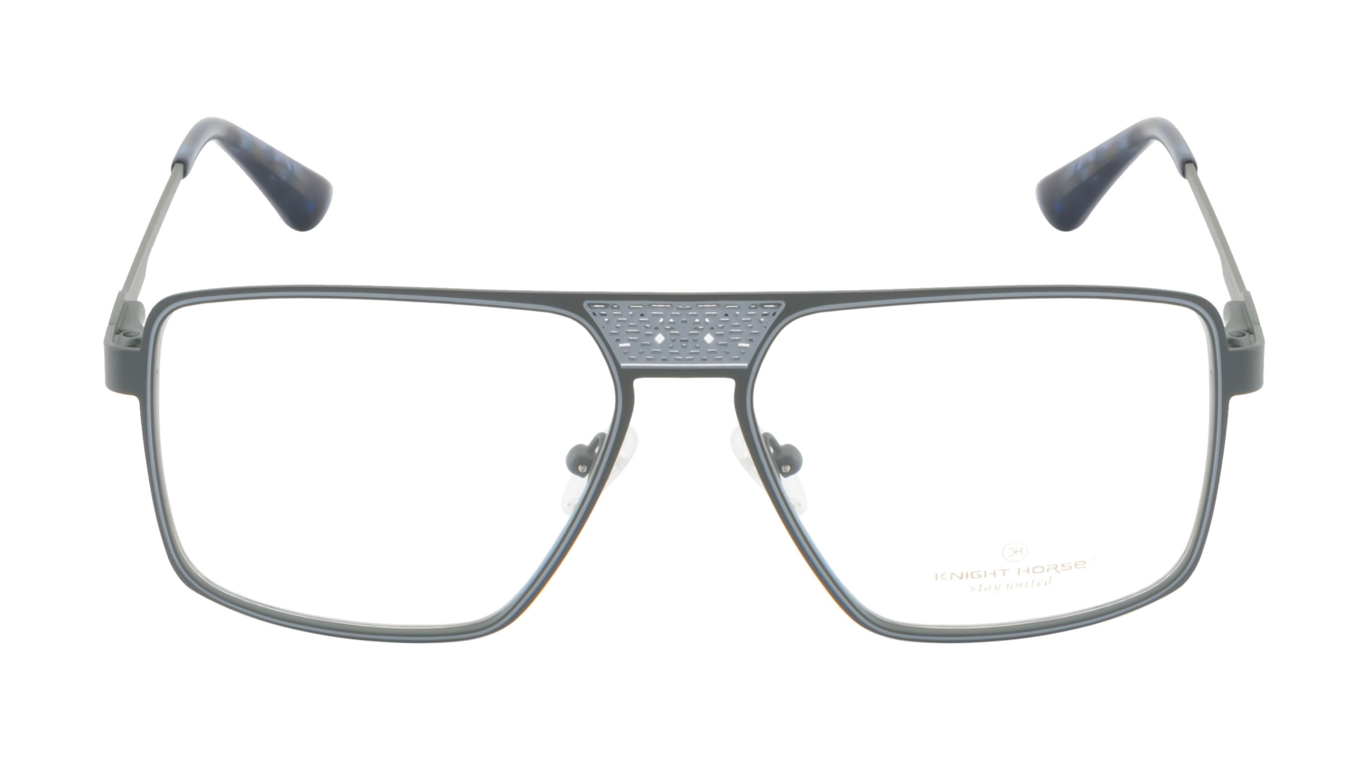 Deluxe Grey Metal Eyewear Frame: Square Shape with Fancy Bar Design & Spring Hinges