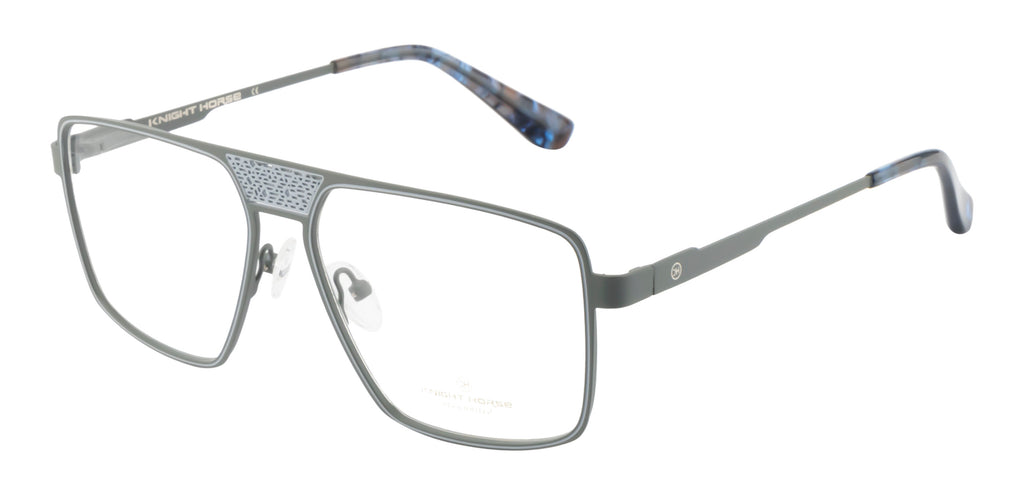 Deluxe Grey Metal Eyewear Frame: Square Shape with Fancy Bar Design & Spring Hinges