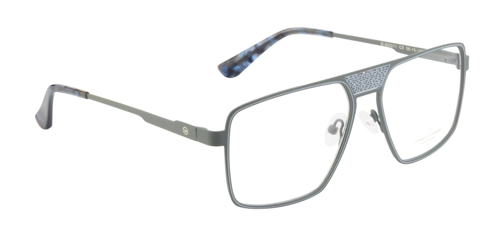 Deluxe Grey Metal Eyewear Frame: Square Shape with Fancy Bar Design & Spring Hinges