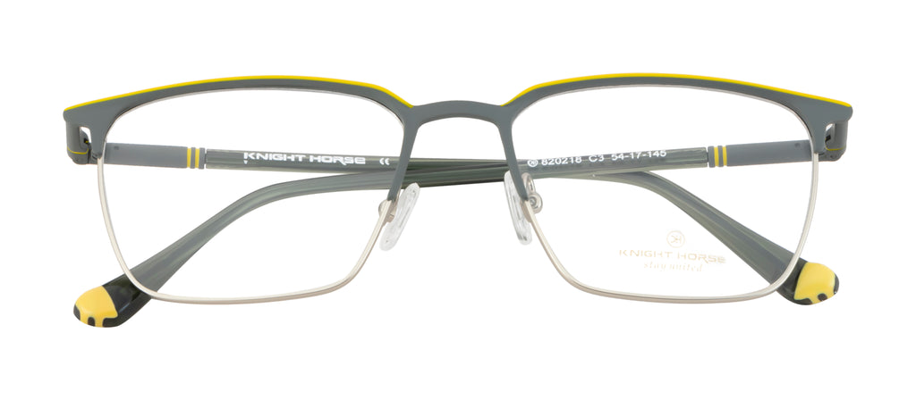 Square Charm - Premium Metal Eyewear Frame in Grey and Yellow with Spring
