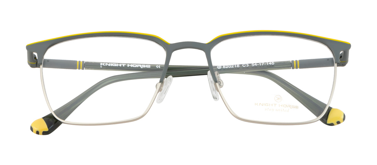 Square Charm - Premium Metal Eyewear Frame in Grey and Yellow with Spring
