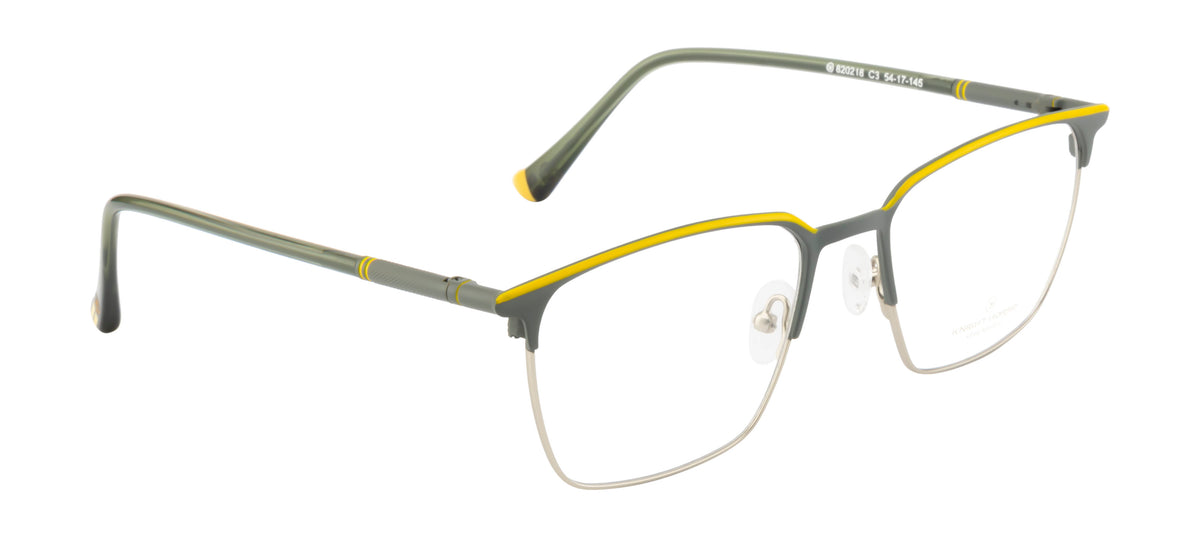 Square Charm - Premium Metal Eyewear Frame in Grey and Yellow with Spring