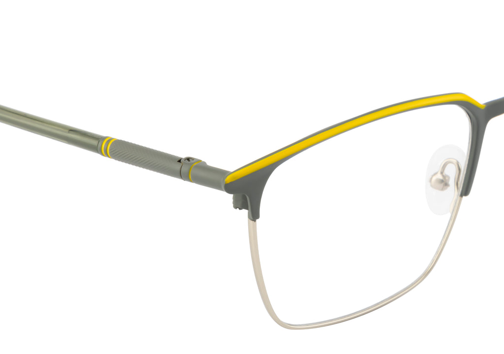 Square Charm - Premium Metal Eyewear Frame in Grey and Yellow with Spring