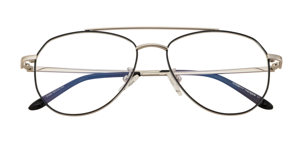 Aviator Glasses: Silver & Black Frame with Blue Cut Lenses