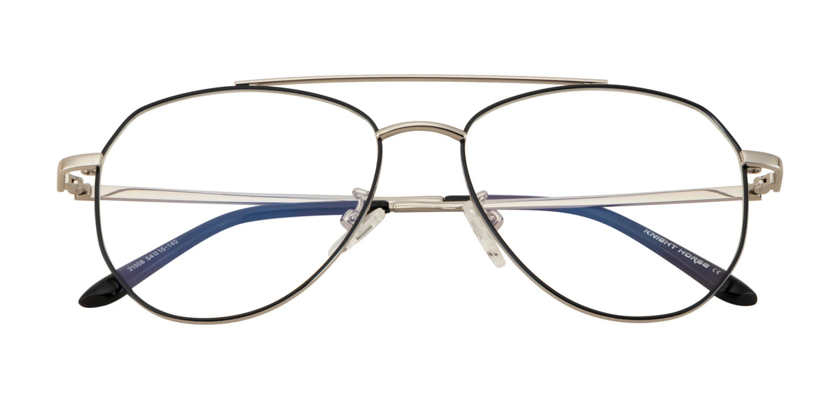 Aviator Glasses: Silver & Black Frame with Blue Cut Lenses