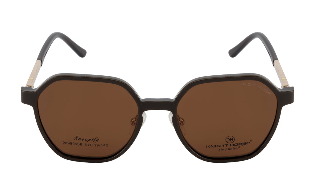 Gold & Brown Hexa-Shaped Eyewear with Polarized Clip-On