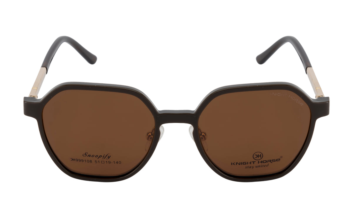 Gold & Brown Hexa-Shaped Eyewear with Polarized Clip-On