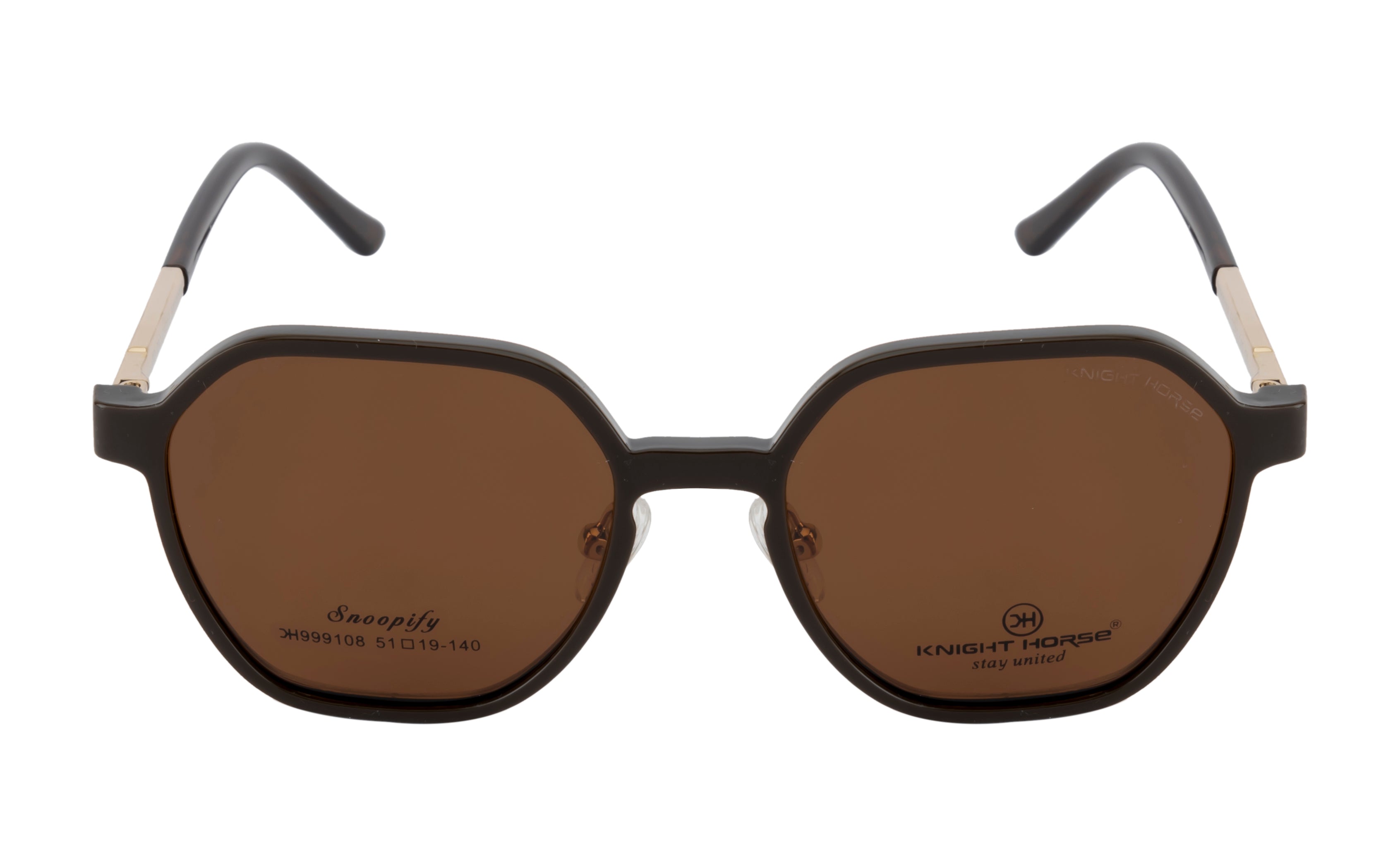 Gold & Brown Hexa-Shaped Eyewear with Polarized Clip-On