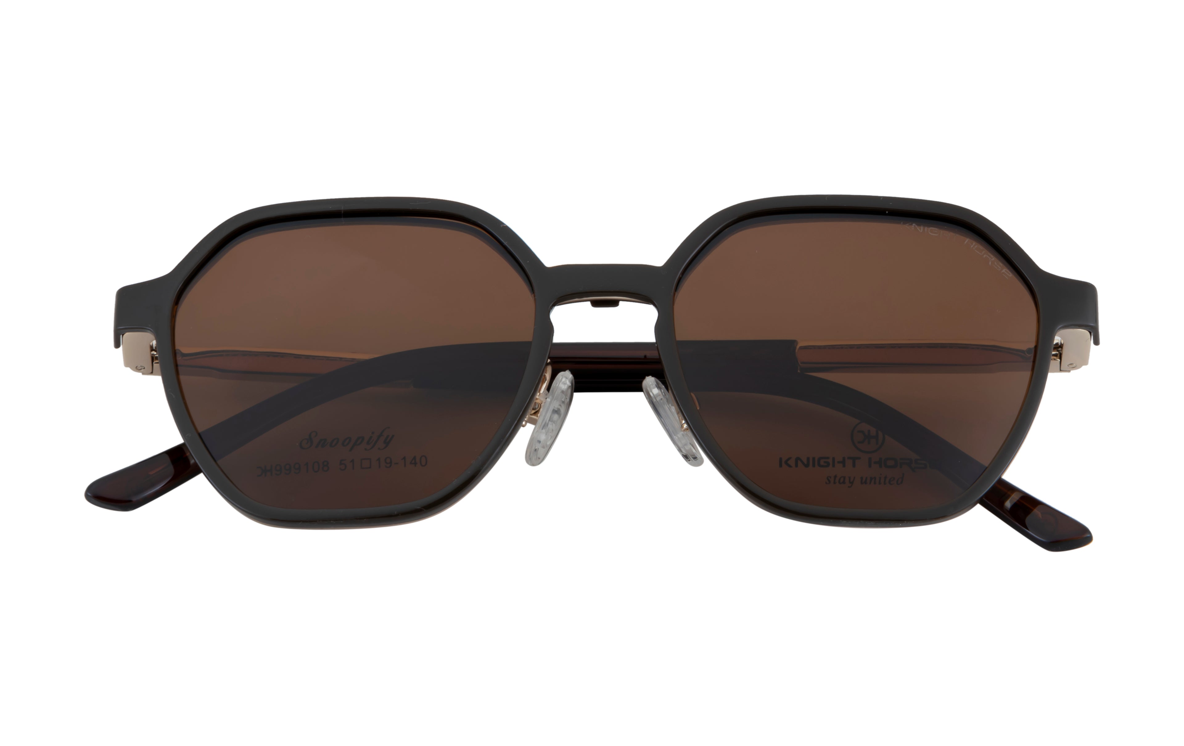 Gold & Brown Hexa-Shaped Eyewear with Polarized Clip-On