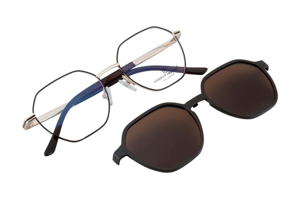 Gold & Brown Hexa-Shaped Eyewear with Polarized Clip-On