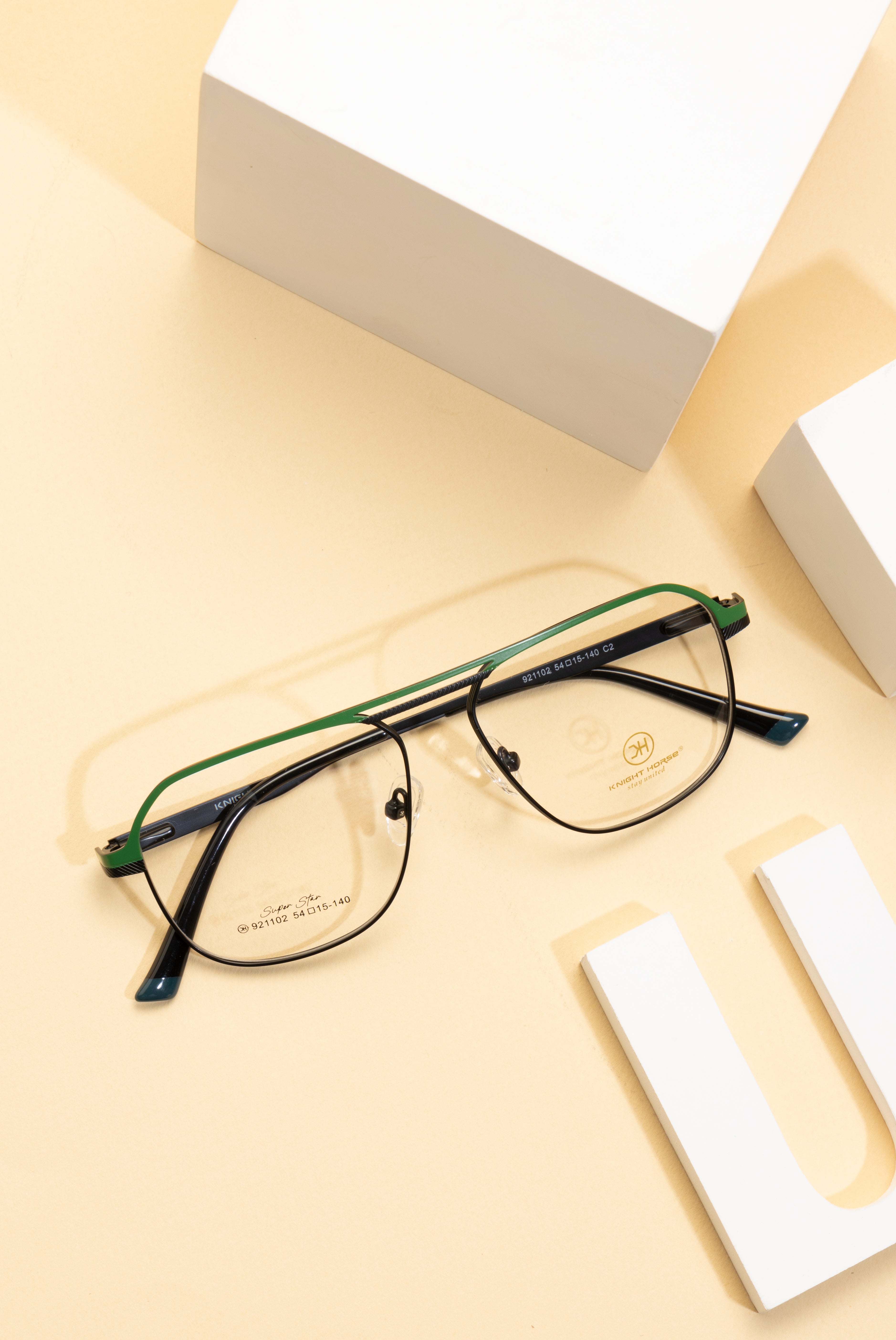 Stylish Metal Eyewear Frames | Green & Black Color | Full Rim | Double Bar