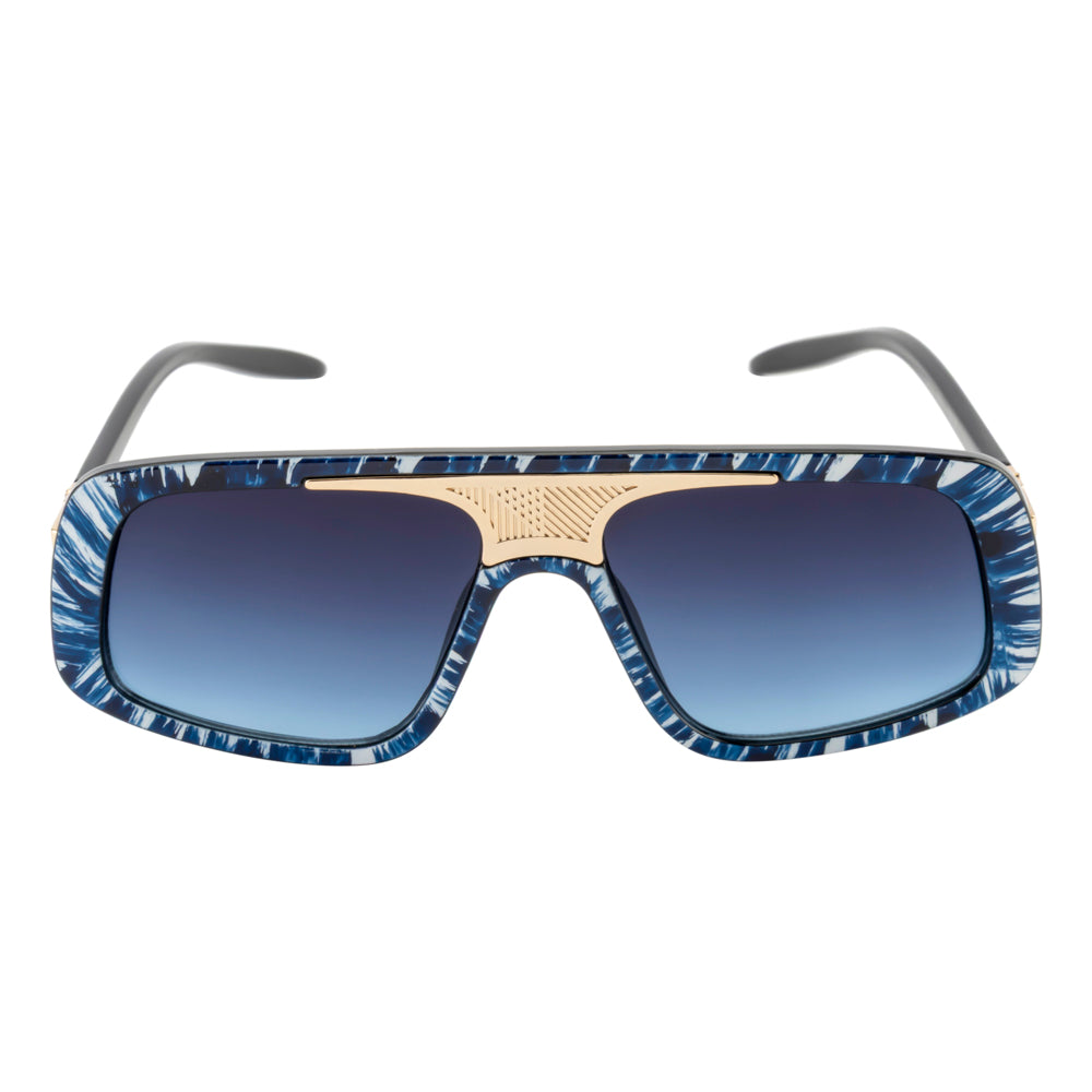 Oversized Visor Sunglasses with Metallic Bridge Accent – Blue Pattern Frame