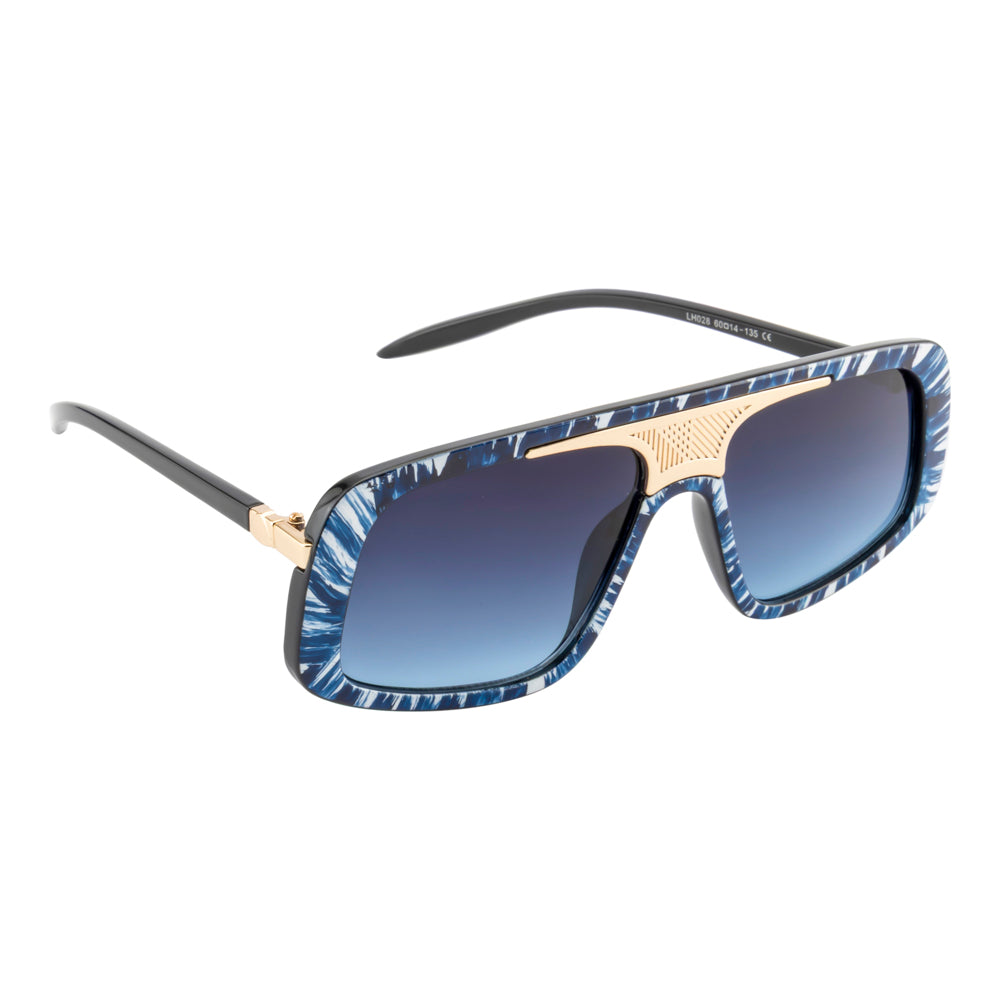 Oversized Visor Sunglasses with Metallic Bridge Accent – Blue Pattern Frame