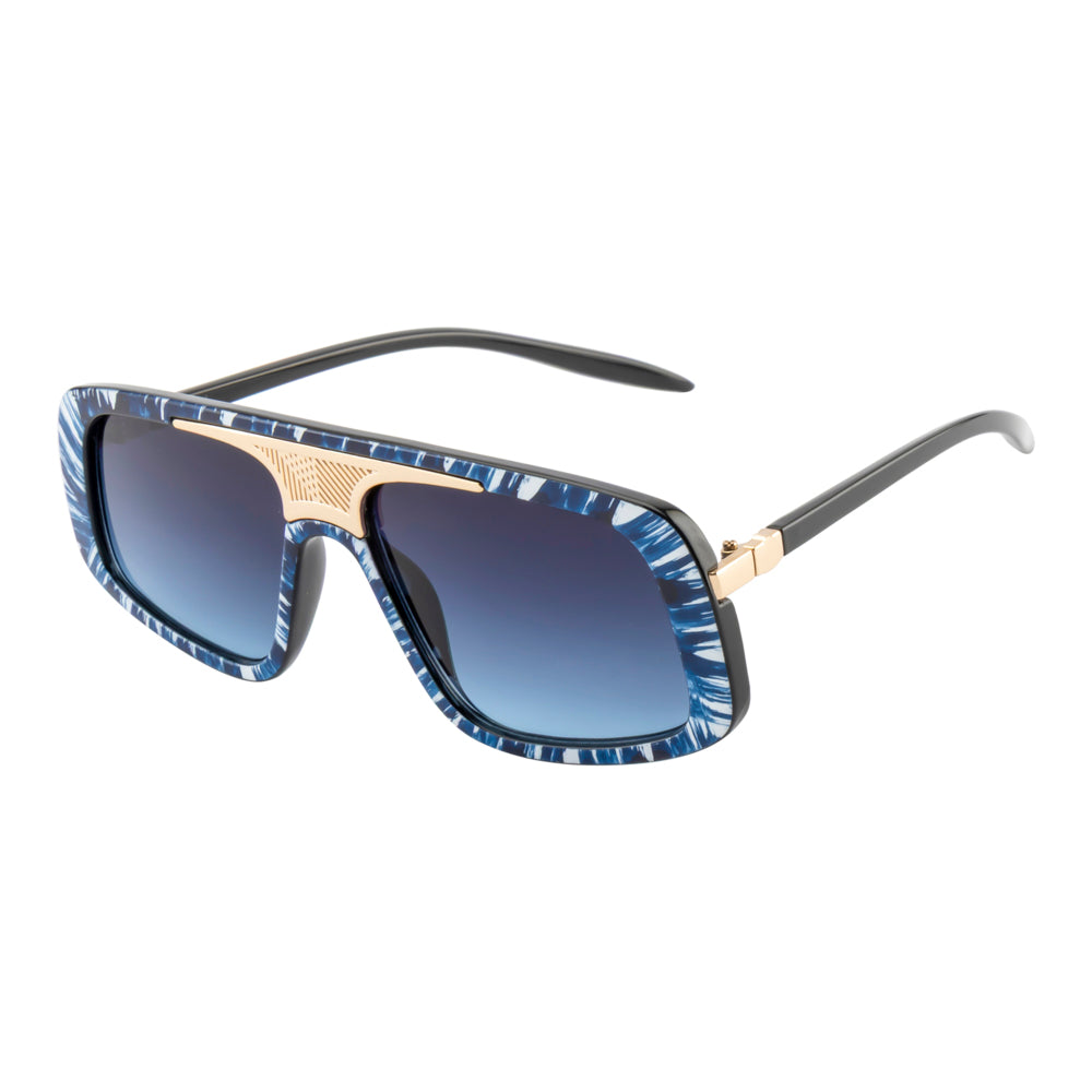 Oversized Visor Sunglasses with Metallic Bridge Accent – Blue Pattern Frame