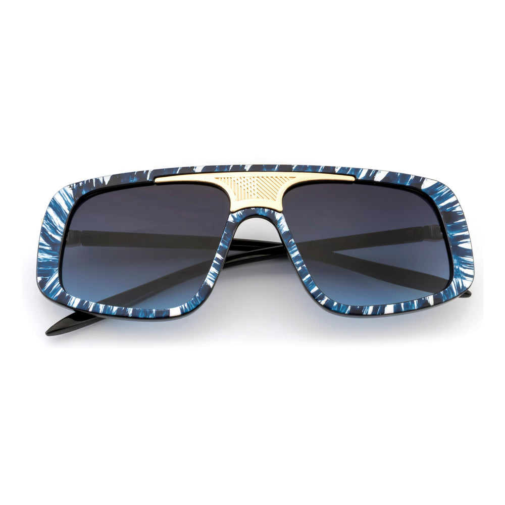 Oversized Visor Sunglasses with Metallic Bridge Accent – Blue Pattern Frame