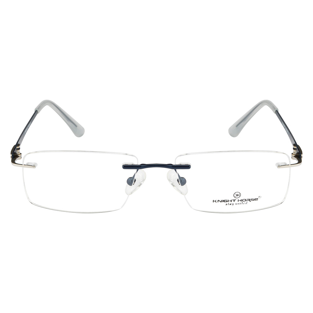 Rimless Rectangle Eyeglass Frame – Dark Blue Metal Temples, Flexible & Lightweight