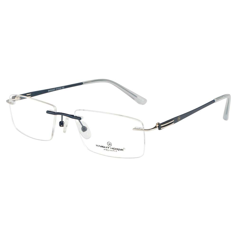 Rimless Rectangle Eyeglass Frame – Dark Blue Metal Temples, Flexible & Lightweight
