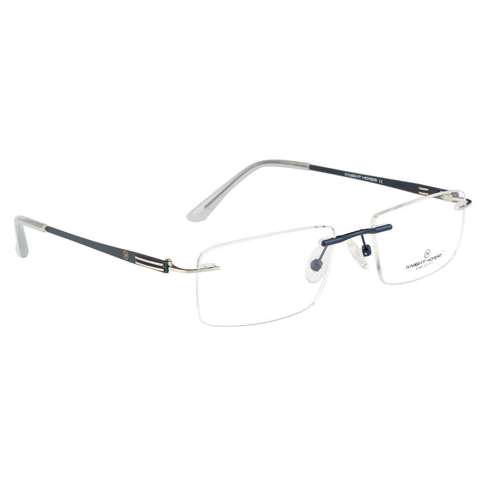 Rimless Rectangle Eyeglass Frame – Dark Blue Metal Temples, Flexible & Lightweight