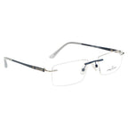 Rimless Rectangle Eyeglass Frame – Dark Blue Metal Temples, Flexible & Lightweight