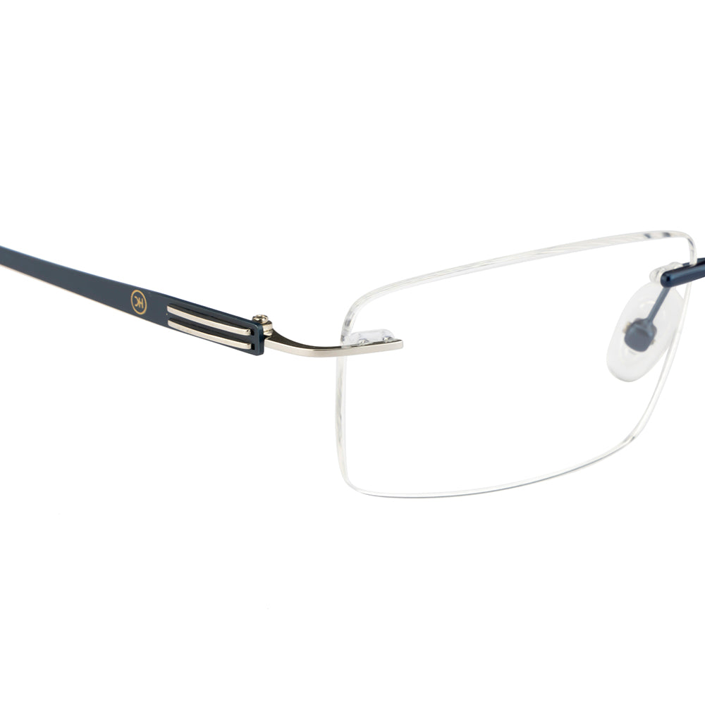 Rimless Rectangle Eyeglass Frame – Dark Blue Metal Temples, Flexible & Lightweight