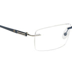 Rimless Rectangle Eyeglass Frame – Dark Blue Metal Temples, Flexible & Lightweight