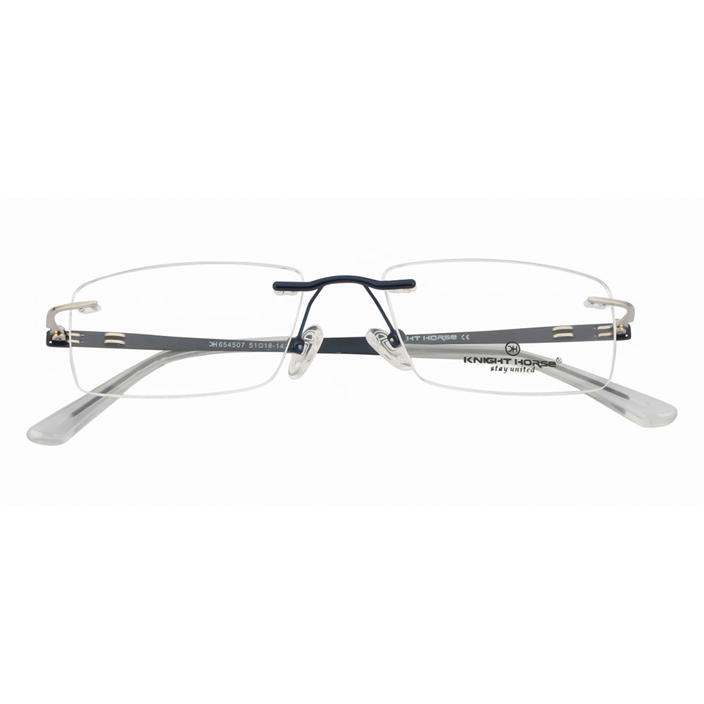Rimless Rectangle Eyeglass Frame – Dark Blue Metal Temples, Flexible & Lightweight