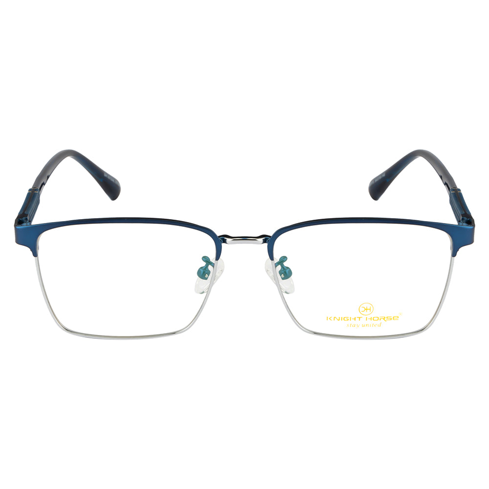 Knight Horse Optical Frames | Sleek Rectangle Shape | Metal Front & TR Arms | Blue & Silver