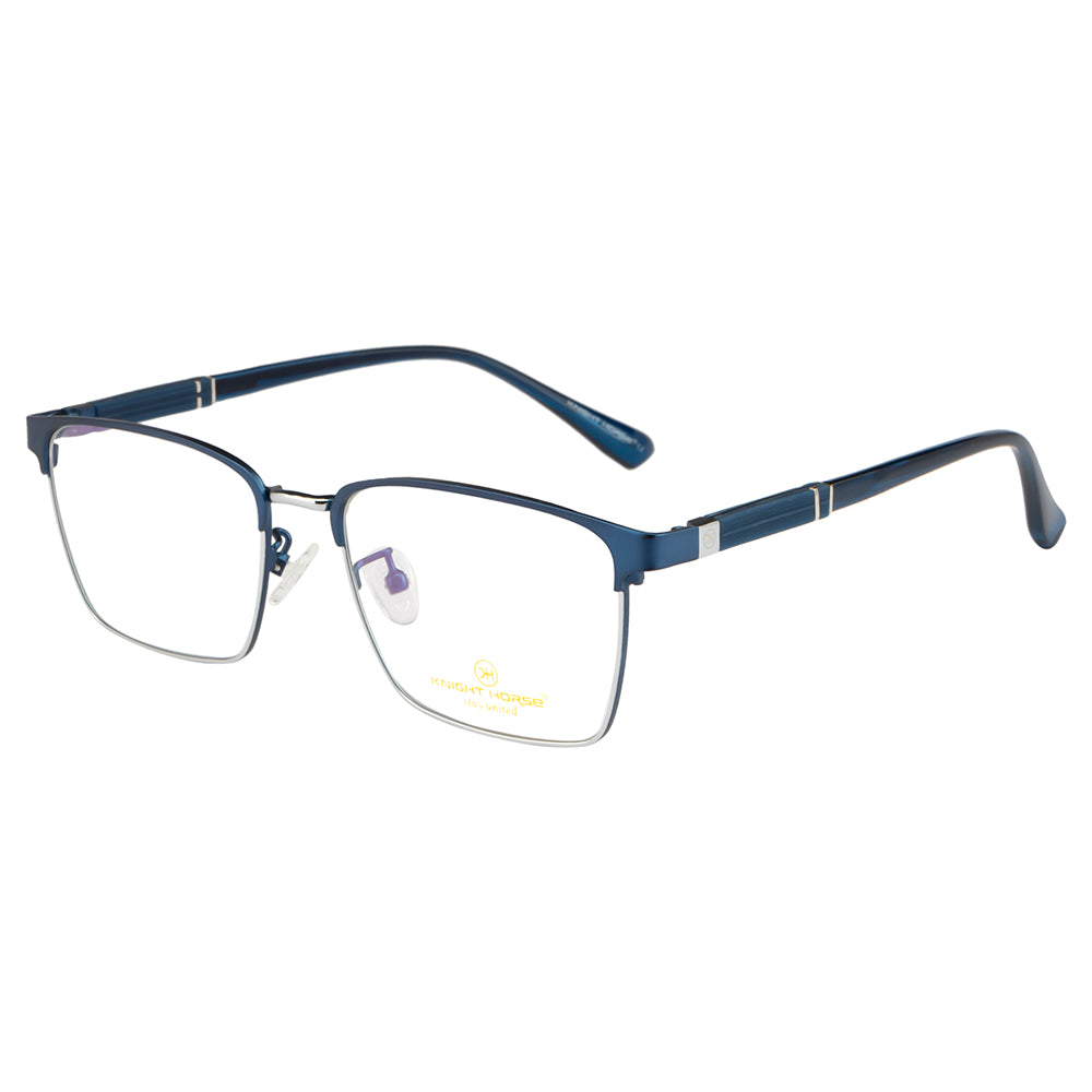 Knight Horse Optical Frames | Sleek Rectangle Shape | Metal Front & TR Arms | Blue & Silver