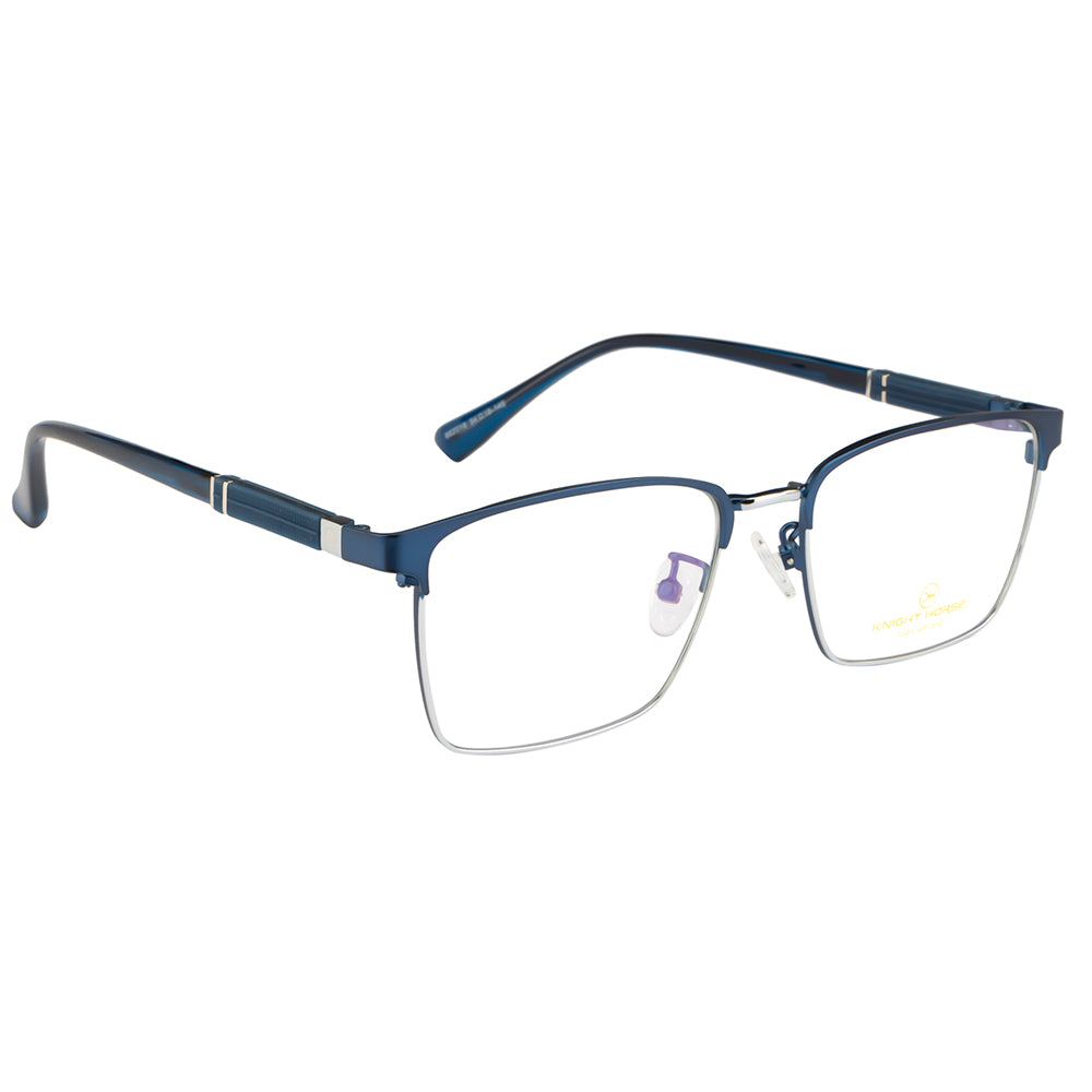 Knight Horse Optical Frames | Sleek Rectangle Shape | Metal Front & TR Arms | Blue & Silver
